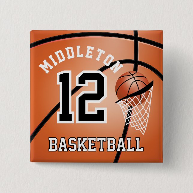 Badge Carré 5 Cm Orange Basketball 🏀 et Hoop | Bouton Texte do-it- (Devant)