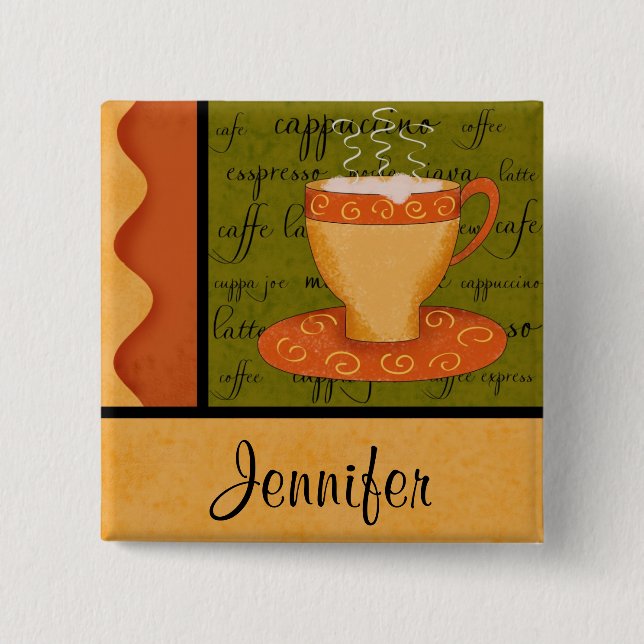Badge Carré 5 Cm Orange Gold Green Coffee Cup Art Nom personnalisé (Devant)