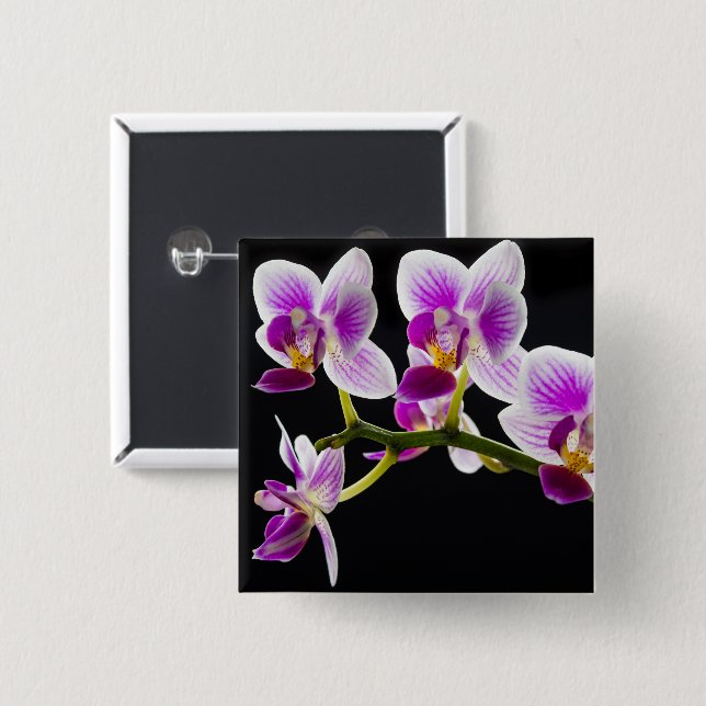 Badge Carré 5 Cm Orchidée blanche et violette (Devant & derrière)