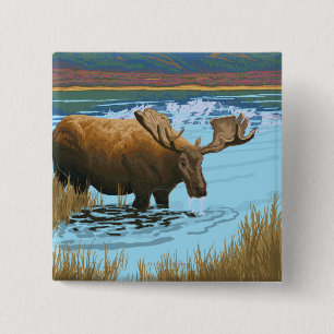 Badge Carré 5 Cm Orignaux buvant au lac - parc national de glacier,