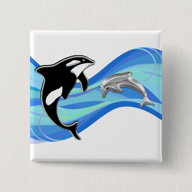 Badge Carré 5 Cm Orque et dauphin dans les vagues (Devant)