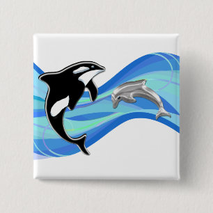 Badge Carré 5 Cm Orque et dauphin dans les vagues