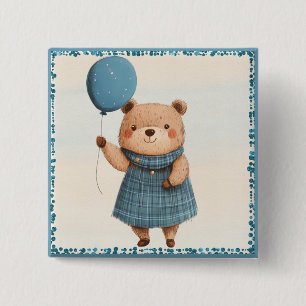 Badge Carré 5 Cm Ours de fille avec robe bleue plaid et ballon