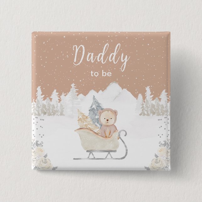Badge Carré 5 Cm Ours D'Hiver Brown Sleigh Daddy Être (Devant)