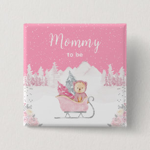 Badge Carré 5 Cm Ours d'hiver Maman future rose Sleigh