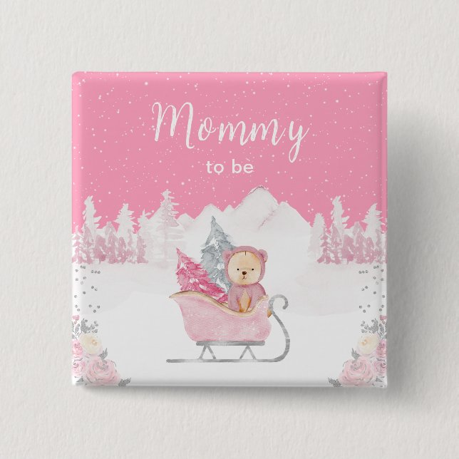 Badge Carré 5 Cm Ours d'hiver Maman future rose Sleigh (Devant)