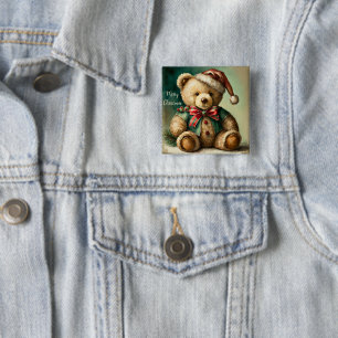 Badge Carré 5 Cm Ours en peluche Noël vintage