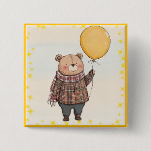 Badge Carré 5 Cm Ours en Sweater Brown avec ballon jaune