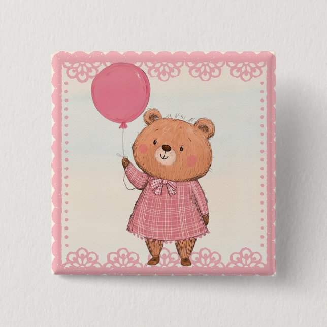 Badge Carré 5 Cm Ours rosé avec ballotte rose (Devant)