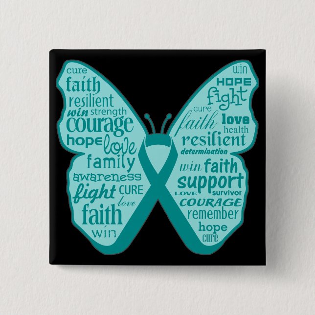 Badge Carré 5 Cm Ovarian Cancer Butterfly Collage of Words (Devant)