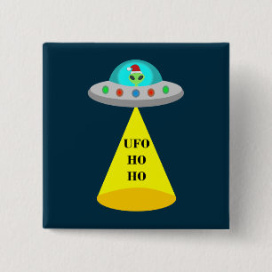 Badge Carré 5 Cm OVNI de Noël Ho Ho Alien soucoupe volante