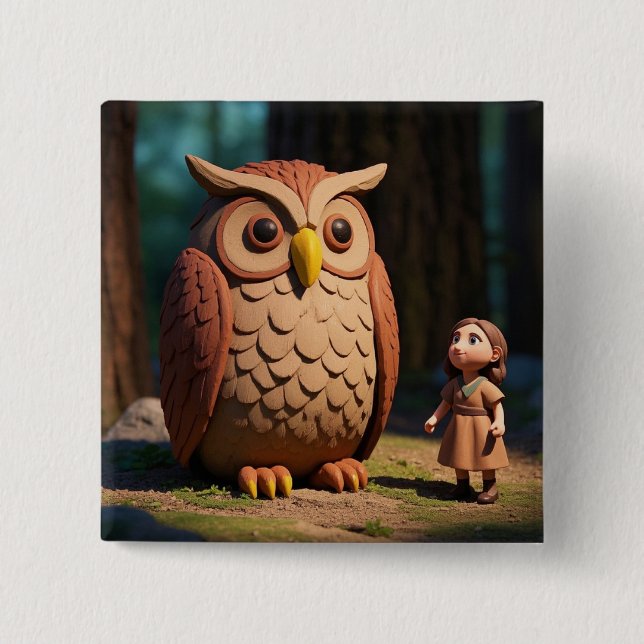 Badge Carré 5 Cm Owl and cute kid (Devant)