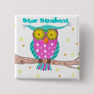 Badge Carré 5 Cm Owl with flowery eyes button