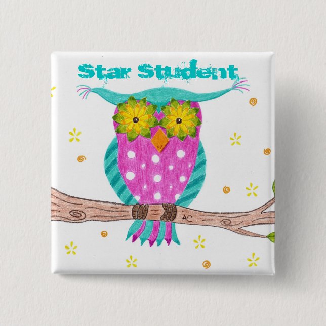 Badge Carré 5 Cm Owl with flowery eyes button (Devant)