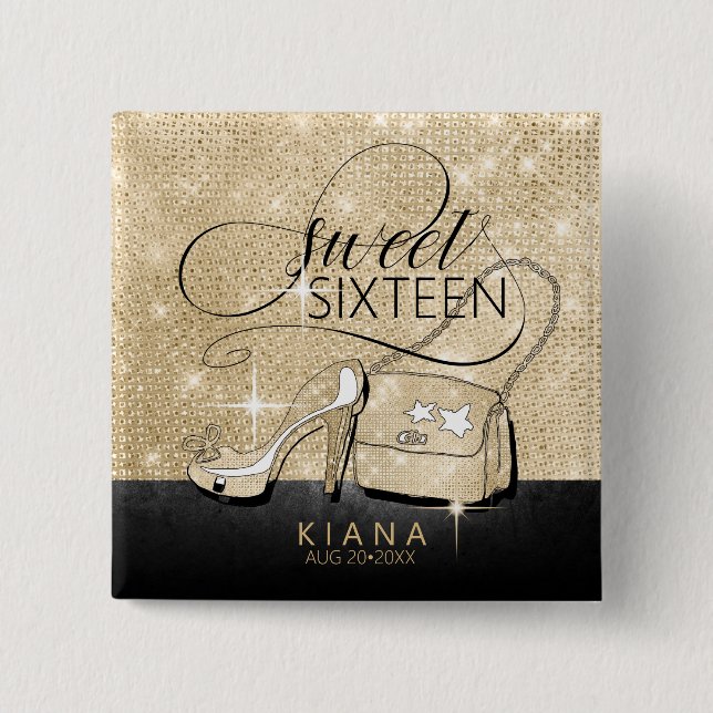 Badge Carré 5 Cm Paillettes et éclat Douce 16 V2 Noir/Or ID675 (Devant)