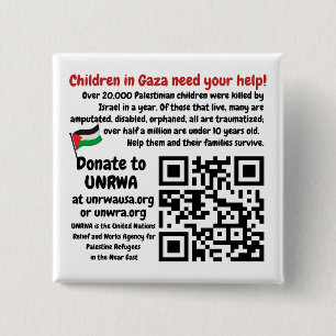Badge Carré 5 Cm PALESTINE LIBRE - Aidez Gaza Children UNRWA QR Cod