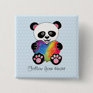 Badge Carré 5 Cm Panda Aquarelle Cute Avec Coeur Arc En Ciel