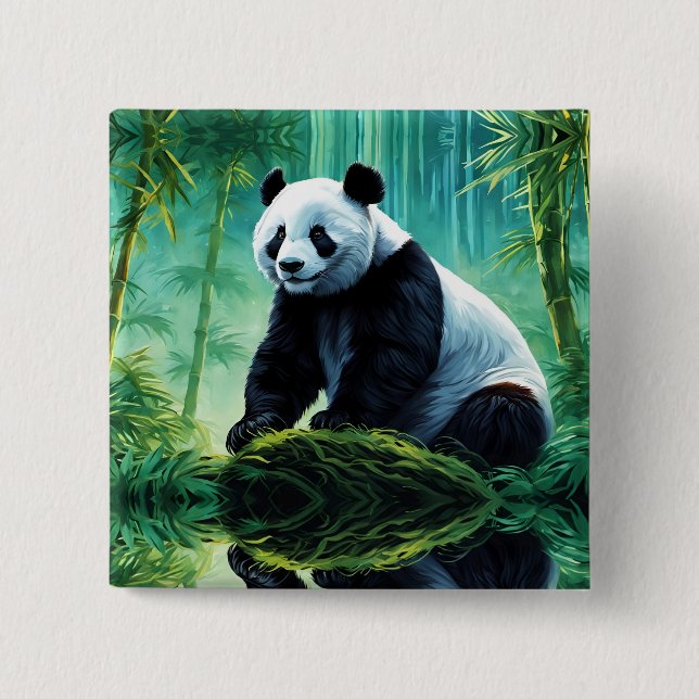 Badge Carré 5 Cm Panda géant dans la forêt de Bamboo (Devant)