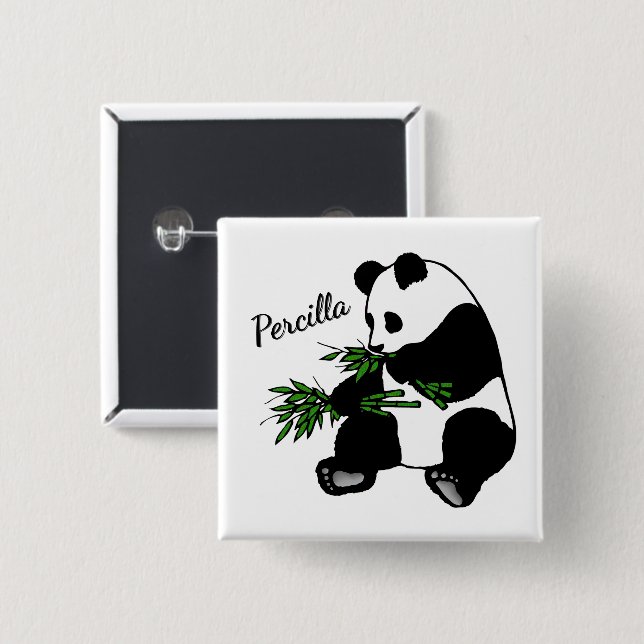 Badge Carré 5 Cm Panda géant mange nom bambou   (Devant & derrière)