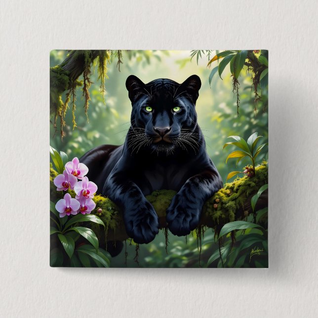 Badge Carré 5 Cm Panthère noire dans la jungle (Devant)