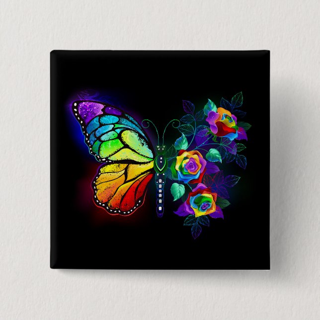 Badge Carré 5 Cm Papillon arc-en-ciel (Devant)