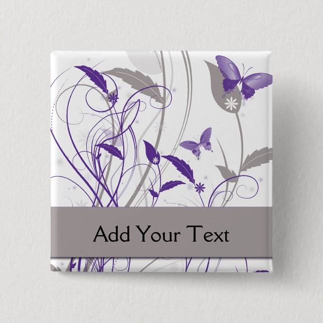 Badge Carré 5 Cm Papillon dans pourpre et gris (Devant)