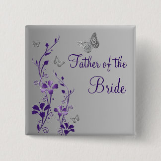 Badge Carré 5 Cm Papillon d'argent violet Floral Père de la mariée 