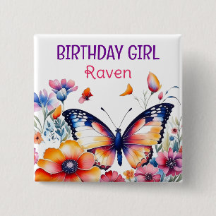 Badge Carré 5 Cm Papillon en fleurs Fille d'anniversaire fille