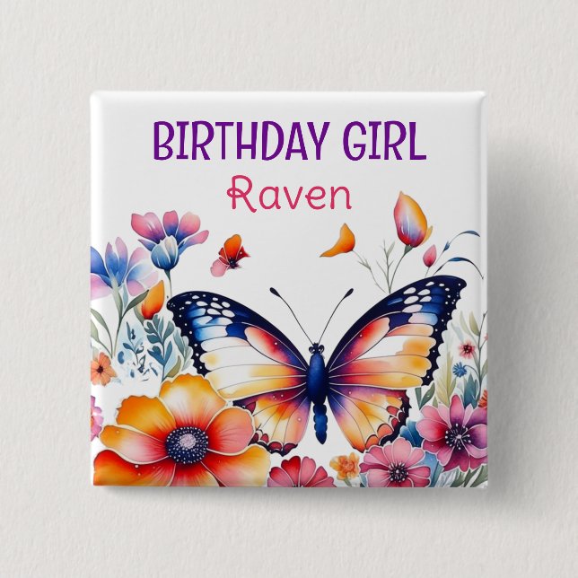 Badge Carré 5 Cm Papillon en fleurs Fille d'anniversaire fille (Devant)