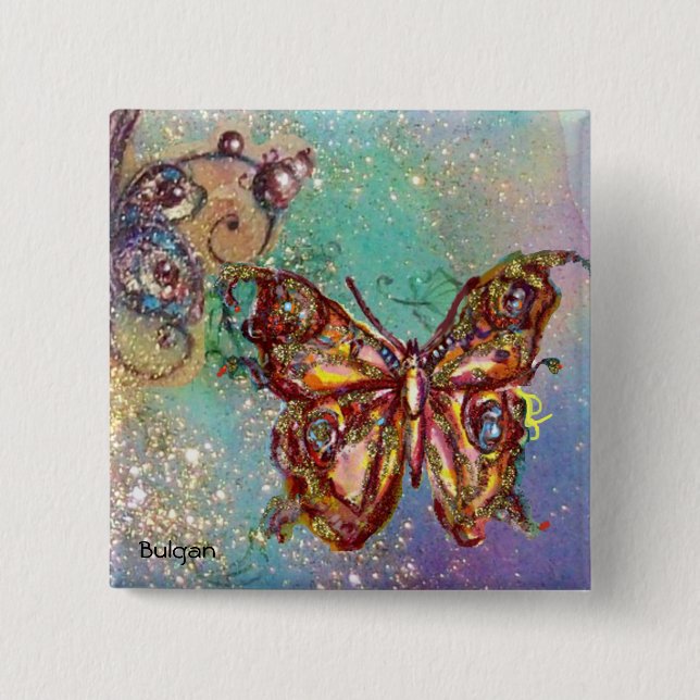 BADGE CARRÉ 5 CM PAPILLON EN PAILLETTES D'OR (Devant)