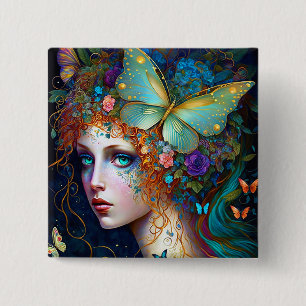 Badge Carré 5 Cm Papillon Fairy Elf Lady Imaginaire Art