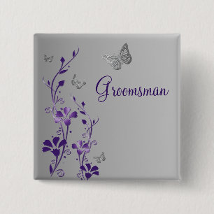 Badge Carré 5 Cm Papillon mauve et argenté Pinceau de Groomsman