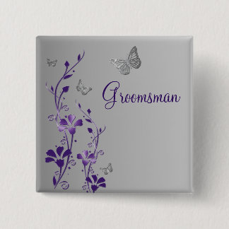 Badge Carré 5 Cm Papillon mauve et argenté Pinceau de Groomsman