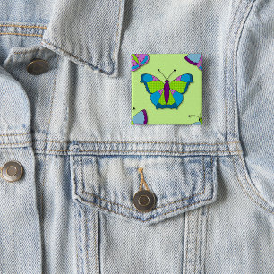 Badge Carré 5 Cm Papillon patchwork sur fond vert