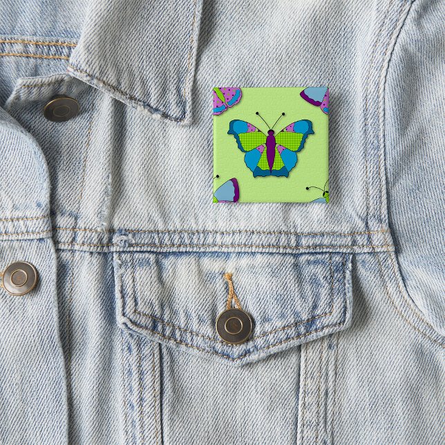 Badge Carré 5 Cm Papillon patchwork sur fond vert (Créateur téléchargé)
