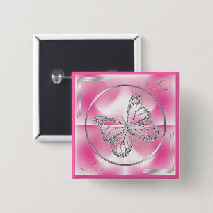 Badge Carré 5 Cm Papillon rose et argent et signe d'infini  