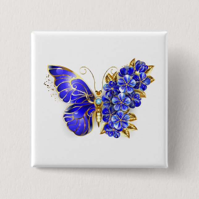 Badge Carré 5 Cm Papillon Saphir Fleur (Devant)