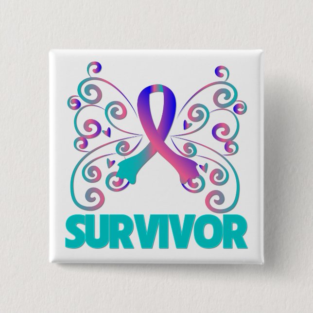 Badge Carré 5 Cm Papillon survivant du cancer de la thyroïde (Devant)