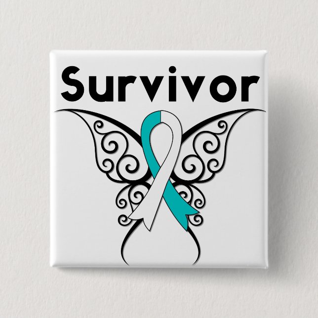 Badge Carré 5 Cm Papillon tribal survivant du cancer du col utérin (Devant)