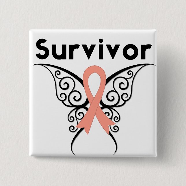 Badge Carré 5 Cm Papillon tribal survivant du cancer utérin (Devant)