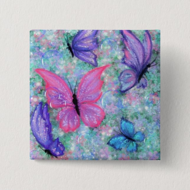 Badge Carré 5 Cm Papillons colorés Volant - Joie (Devant)