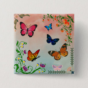 Badge Carré 5 Cm Papillons et fleurs