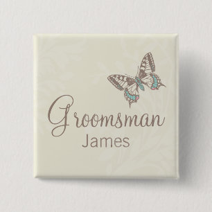 Badge Carré 5 Cm Papillons Groomsman crème mariage pin / bouton