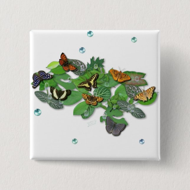 Badge Carré 5 Cm Papillons sur Feuille (Devant)