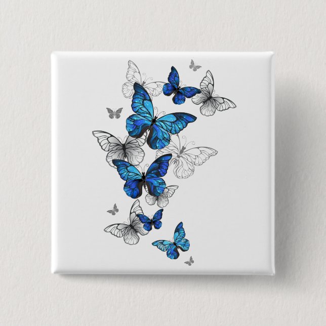 Badge Carré 5 Cm Papillons volants bleus Morpho (Devant)