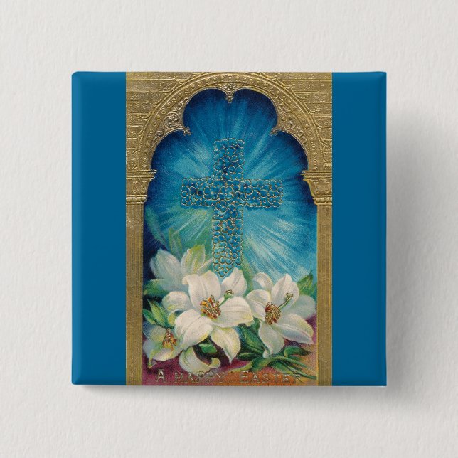 Badge Carré 5 Cm Pâques avec la croix et les lis (Devant)