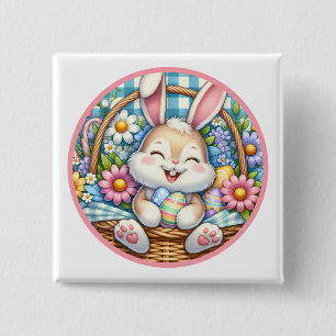 Badge Carré 5 Cm Pâques joyeuses avec du lapin mignon, des oeufs et