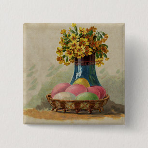 Badge Carré 5 Cm Pâques Panier Œufs Fleurs Antique