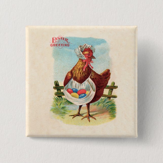 Badge Carré 5 Cm Pâques Poulet De La Ferme Cute Oeufs Antiques (Devant)