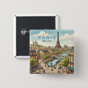 Badge Carré 5 Cm Paris France Voyage Art Rétro